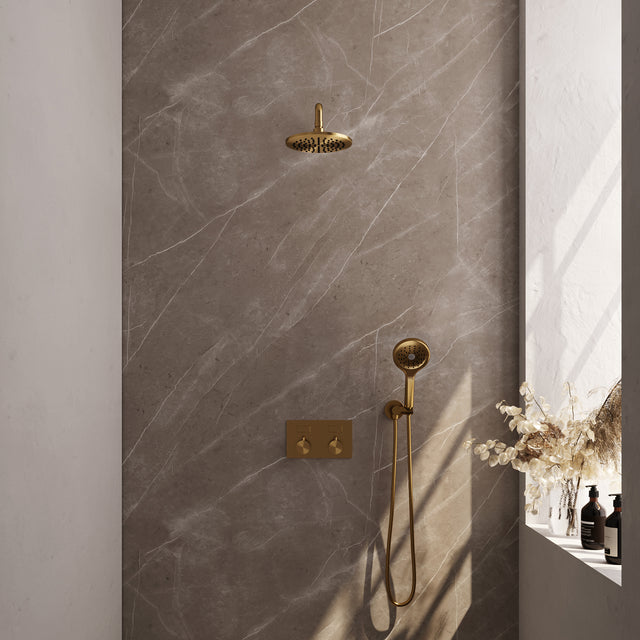 BRAUER Gold Edition thermostatische inbouw regendouche met drukknoppen SET 57 met 20 cm douchekop en gebogen muurarm en 3-standen handdouche en doucheslang en wandaansluitbocht goud geborsteld PVD