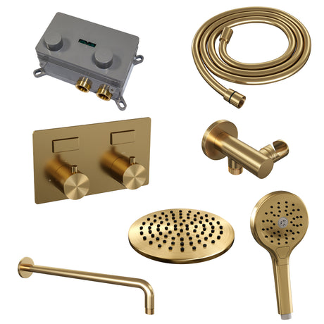 BRAUER Gold Edition thermostatische inbouw regendouche met drukknoppen SET 57 met 20 cm douchekop en gebogen muurarm en 3-standen handdouche en doucheslang en wandaansluitbocht goud geborsteld PVD