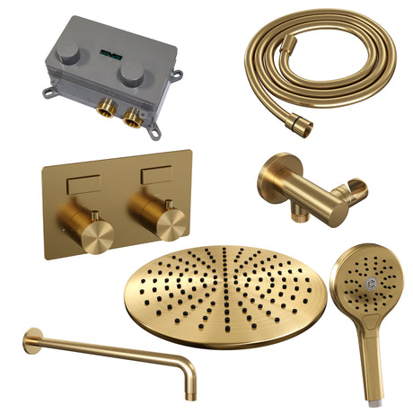 BRAUER Gold Edition thermostatische inbouw regendouche met drukknoppen SET 58 met 30 cm douchekop en gebogen muurarm en 3-standen handdouche en doucheslang en wandaansluitbocht goud geborsteld PVD