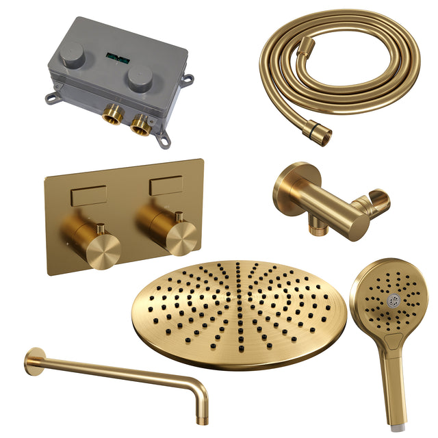 BRAUER Gold Edition thermostatische inbouw regendouche met drukknoppen SET 58 met 30 cm douchekop en gebogen muurarm en 3-standen handdouche en doucheslang en wandaansluitbocht goud geborsteld PVD