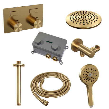 BRAUER Gold Edition thermostatische inbouw regendouche met drukknoppen SET 59 met 20 cm douchekop en plafondarm en 3-standen handdouche en doucheslang en wandaansluitbocht goud geborsteld PVD
