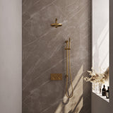 BRAUER Gold Edition thermostatische inbouw regendouche met drukknoppen SET 61 met 20 cm douchekop en rechte muurarm en staaf handdouche en doucheslang en geïntegreerde glijstang goud geborsteld PVD