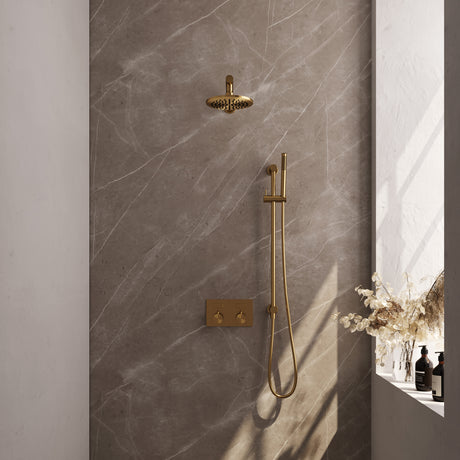 BRAUER Gold Edition thermostatische inbouw regendouche met drukknoppen SET 61 met 20 cm douchekop en rechte muurarm en staaf handdouche en doucheslang en geïntegreerde glijstang goud geborsteld PVD