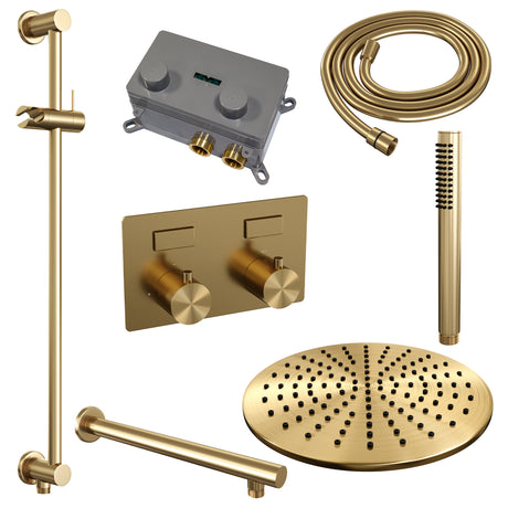 BRAUER Gold Edition thermostatische inbouw regendouche met drukknoppen SET 62 met 30 cm douchekop en rechte muurarm en staaf handdouche en doucheslang en geïntegreerde glijstang goud geborsteld PVD