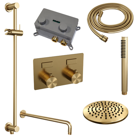BRAUER Gold Edition thermostatische inbouw regendouche met drukknoppen SET 63 met 20 cm douchekop en gebogen muurarm en staaf handdouche en doucheslang en geïntegreerde glijstang goud geborsteld PVD
