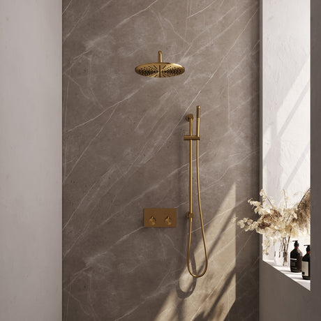 BRAUER Gold Edition thermostatische inbouw regendouche met drukknoppen SET 64 met 30 cm douchekop en gebogen muurarm en staaf handdouche en doucheslang en geïntegreerde glijstang goud geborsteld PVD