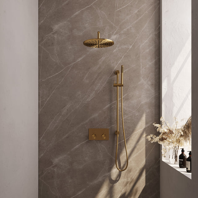 BRAUER Gold Edition thermostatische inbouw regendouche met drukknoppen SET 64 met 30 cm douchekop en gebogen muurarm en staaf handdouche en doucheslang en geïntegreerde glijstang goud geborsteld PVD