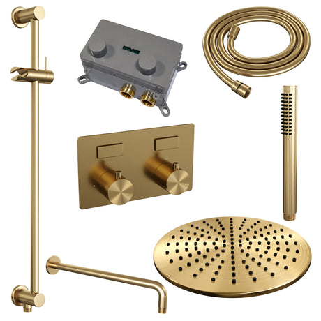 BRAUER Gold Edition thermostatische inbouw regendouche met drukknoppen SET 64 met 30 cm douchekop en gebogen muurarm en staaf handdouche en doucheslang en geïntegreerde glijstang goud geborsteld PVD