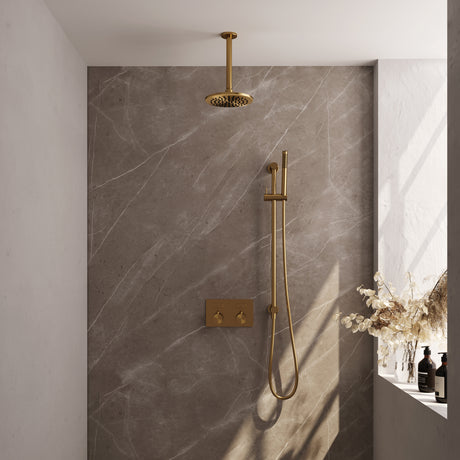 BRAUER Gold Edition thermostatische inbouw regendouche met drukknoppen SET 65 met 20 cm douchekop en plafondarm en staaf handdouche en doucheslang en geïntegreerde glijstang goud geborsteld PVD