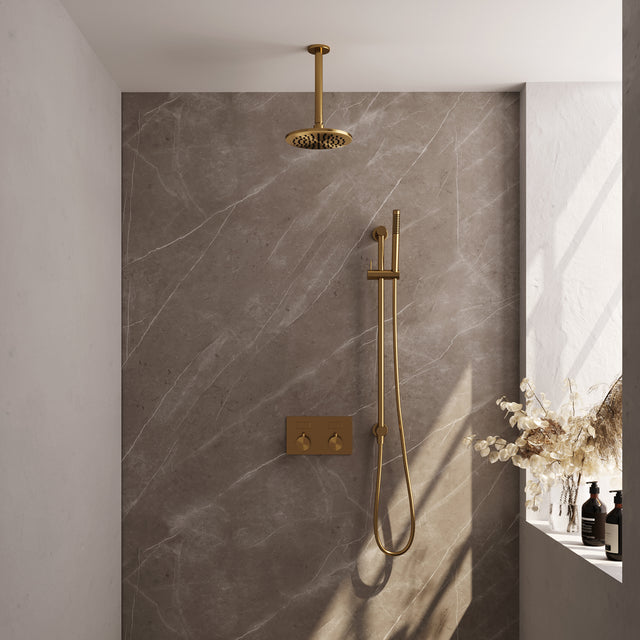 BRAUER Gold Edition thermostatische inbouw regendouche met drukknoppen SET 65 met 20 cm douchekop en plafondarm en staaf handdouche en doucheslang en geïntegreerde glijstang goud geborsteld PVD