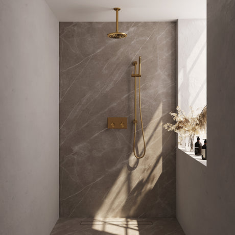 BRAUER Gold Edition thermostatische inbouw regendouche met drukknoppen SET 65 met 20 cm douchekop en plafondarm en staaf handdouche en doucheslang en geïntegreerde glijstang goud geborsteld PVD