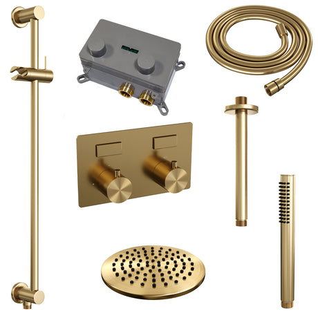 BRAUER Gold Edition thermostatische inbouw regendouche met drukknoppen SET 65 met 20 cm douchekop en plafondarm en staaf handdouche en doucheslang en geïntegreerde glijstang goud geborsteld PVD