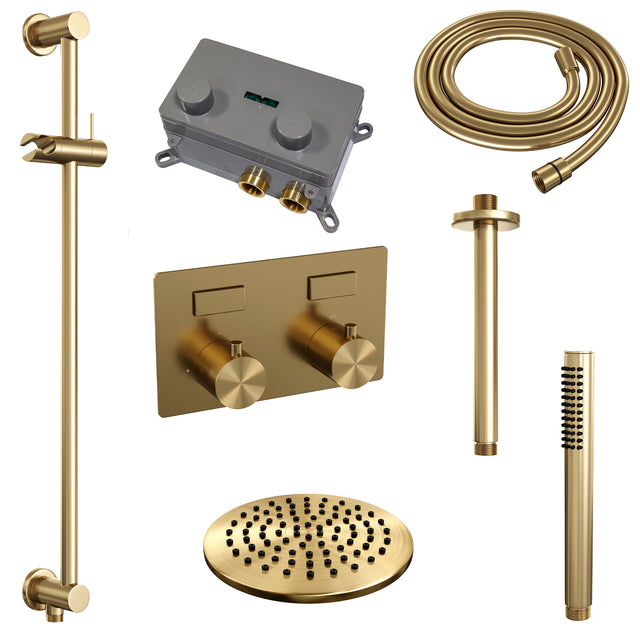 BRAUER Gold Edition thermostatische inbouw regendouche met drukknoppen SET 65 met 20 cm douchekop en plafondarm en staaf handdouche en doucheslang en geïntegreerde glijstang goud geborsteld PVD