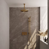 BRAUER Gold Edition thermostatische inbouw regendouche met drukknoppen SET 66 met 30 cm douchekop en plafondarm en staaf handdouche en doucheslang en geïntegreerde glijstang goud geborsteld PVD