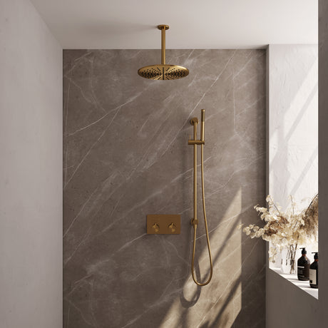 BRAUER Gold Edition thermostatische inbouw regendouche met drukknoppen SET 66 met 30 cm douchekop en plafondarm en staaf handdouche en doucheslang en geïntegreerde glijstang goud geborsteld PVD