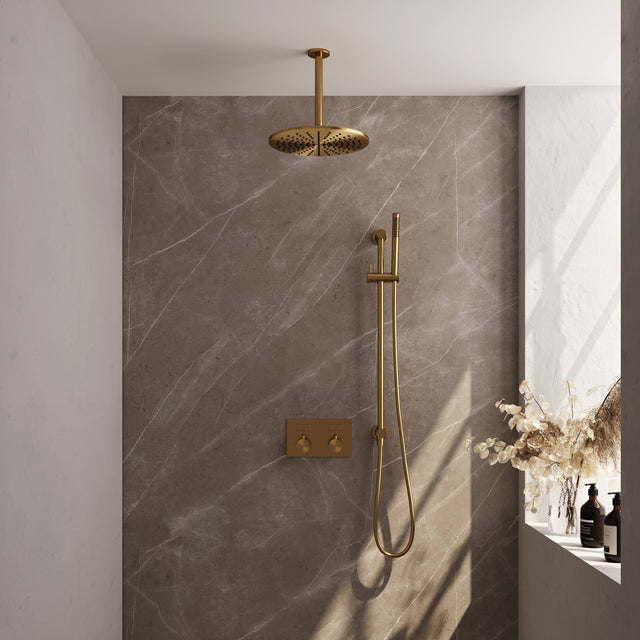 BRAUER Gold Edition thermostatische inbouw regendouche met drukknoppen SET 66 met 30 cm douchekop en plafondarm en staaf handdouche en doucheslang en geïntegreerde glijstang goud geborsteld PVD