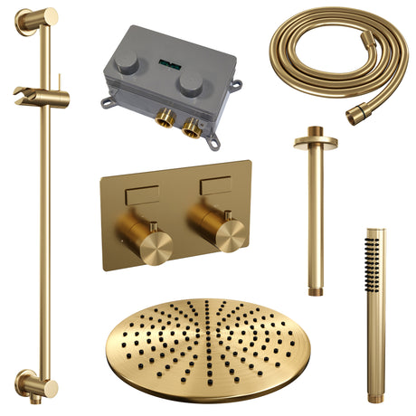 BRAUER Gold Edition thermostatische inbouw regendouche met drukknoppen SET 66 met 30 cm douchekop en plafondarm en staaf handdouche en doucheslang en geïntegreerde glijstang goud geborsteld PVD