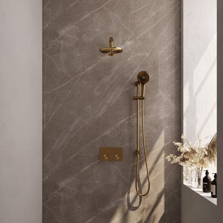 BRAUER Gold Edition thermostatische inbouw regendouche met drukknoppen SET 67 met 20 cm douchekop en rechte muurarm en 3-standen handdouche en doucheslang en geïntegreerde glijstang goud geborsteld PVD