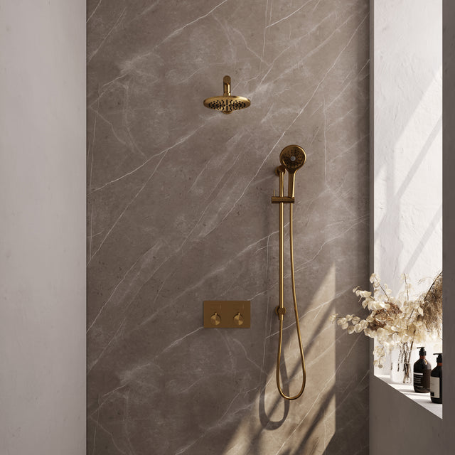 BRAUER Gold Edition thermostatische inbouw regendouche met drukknoppen SET 67 met 20 cm douchekop en rechte muurarm en 3-standen handdouche en doucheslang en geïntegreerde glijstang goud geborsteld PVD