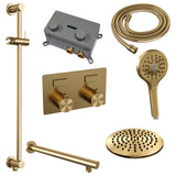 BRAUER Gold Edition thermostatische inbouw regendouche met drukknoppen SET 67 met 20 cm douchekop en rechte muurarm en 3-standen handdouche en doucheslang en geïntegreerde glijstang goud geborsteld PVD