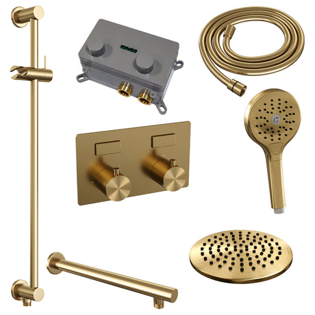 BRAUER Gold Edition thermostatische inbouw regendouche met drukknoppen SET 67 met 20 cm douchekop en rechte muurarm en 3-standen handdouche en doucheslang en geïntegreerde glijstang goud geborsteld PVD