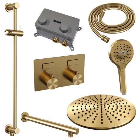 BRAUER Gold Edition thermostatische inbouw regendouche met drukknoppen SET 68 met 30 cm douchekop en rechte muurarm en 3-standen handdouche en doucheslang en geïntegreerde glijstang goud geborsteld PVD