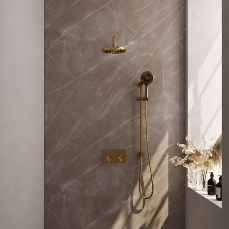 BRAUER Gold Edition thermostatische inbouw regendouche met drukknoppen SET 69 met 20 cm douchekop en gebogen muurarm en 3-standen handdouche en doucheslang en geïntegreerde glijstang goud geborsteld PVD