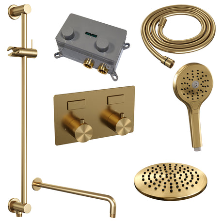 BRAUER Gold Edition thermostatische inbouw regendouche met drukknoppen SET 69 met 20 cm douchekop en gebogen muurarm en 3-standen handdouche en doucheslang en geïntegreerde glijstang goud geborsteld PVD