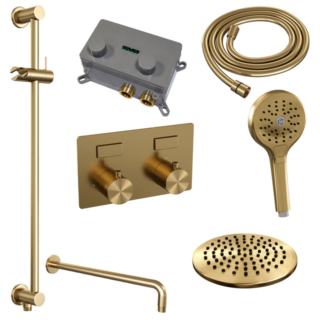 BRAUER Gold Edition thermostatische inbouw regendouche met drukknoppen SET 69 met 20 cm douchekop en gebogen muurarm en 3-standen handdouche en doucheslang en geïntegreerde glijstang goud geborsteld PVD