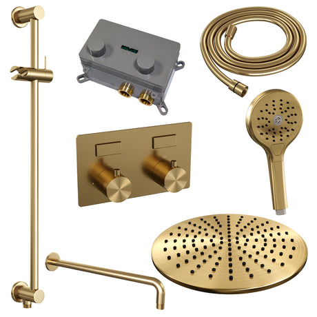 BRAUER Gold Edition thermostatische inbouw regendouche met drukknoppen SET 70 met 30 cm douchekop en gebogen muurarm en 3-standen handdouche en doucheslang en geïntegreerde glijstang goud geborsteld PVD