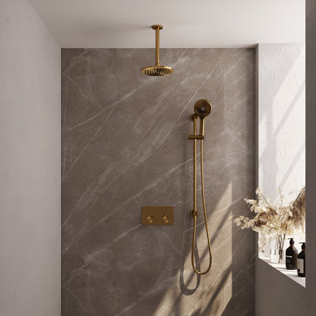 BRAUER Gold Edition thermostatische inbouw regendouche met drukknoppen SET 71 met 20 cm douchekop en plafondarm en 3-standen handdouche en doucheslang en geïntegreerde glijstang goud geborsteld PVD