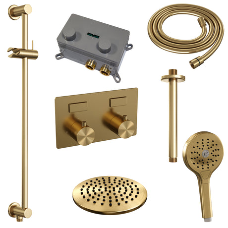BRAUER Gold Edition thermostatische inbouw regendouche met drukknoppen SET 71 met 20 cm douchekop en plafondarm en 3-standen handdouche en doucheslang en geïntegreerde glijstang goud geborsteld PVD