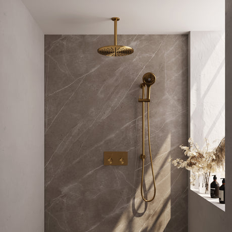 BRAUER Gold Edition thermostatische inbouw regendouche met drukknoppen SET 72 met 30 cm douchekop en plafondarm en 3-standen handdouche en doucheslang en geïntegreerde glijstang goud geborsteld PVD