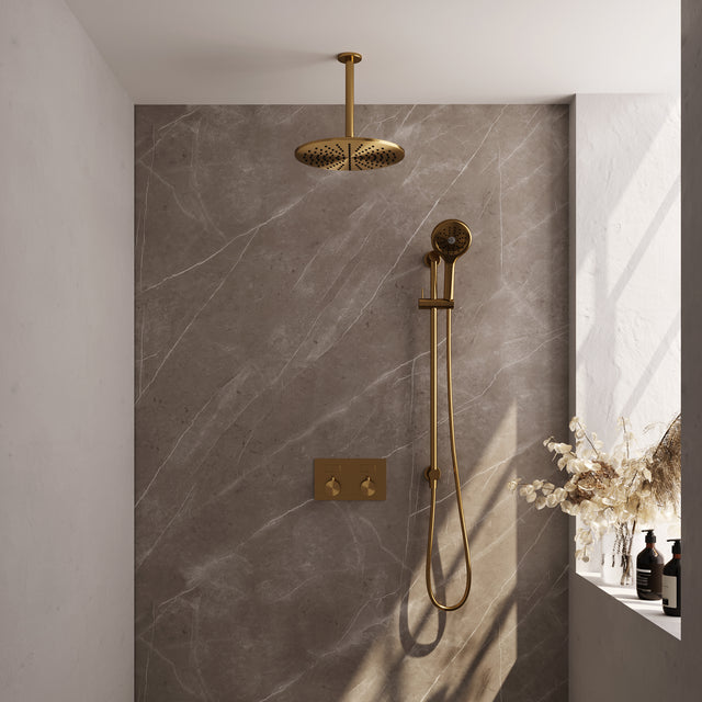 BRAUER Gold Edition thermostatische inbouw regendouche met drukknoppen SET 72 met 30 cm douchekop en plafondarm en 3-standen handdouche en doucheslang en geïntegreerde glijstang goud geborsteld PVD