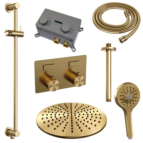 BRAUER Gold Edition thermostatische inbouw regendouche met drukknoppen SET 72 met 30 cm douchekop en plafondarm en 3-standen handdouche en doucheslang en geïntegreerde glijstang goud geborsteld PVD