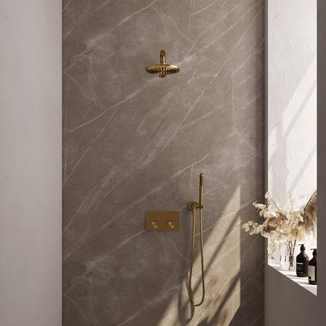 BRAUER Gold Carving thermostatische inbouw regendouche met drukknoppen SET 49 met 20 cm douchekop en rechte muurarm en staaf handdouche en doucheslang en wandaansluitbocht goud geborsteld PVD