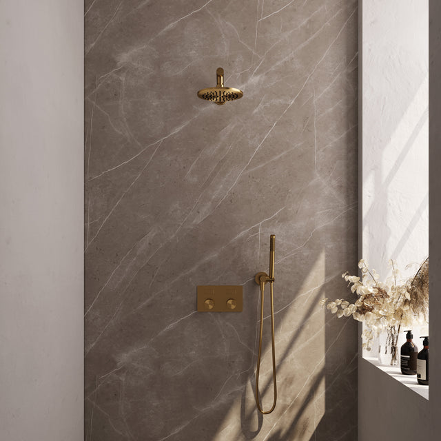 BRAUER Gold Carving thermostatische inbouw regendouche met drukknoppen SET 49 met 20 cm douchekop en rechte muurarm en staaf handdouche en doucheslang en wandaansluitbocht goud geborsteld PVD
