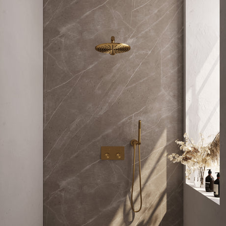 BRAUER Gold Carving thermostatische inbouw regendouche met drukknoppen SET 50 met 30 cm douchekop en rechte muurarm en staaf handdouche en doucheslang en wandaansluitbocht goud geborsteld PVD