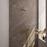 BRAUER Gold Carving thermostatische inbouw regendouche met drukknoppen SET 51 met 20 cm douchekop en gebogen muurarm en staaf handdouche en doucheslang en wandaansluitbocht goud geborsteld PVD