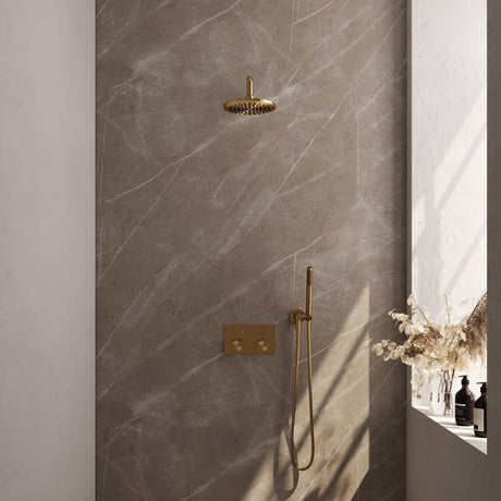 BRAUER Gold Carving thermostatische inbouw regendouche met drukknoppen SET 51 met 20 cm douchekop en gebogen muurarm en staaf handdouche en doucheslang en wandaansluitbocht goud geborsteld PVD