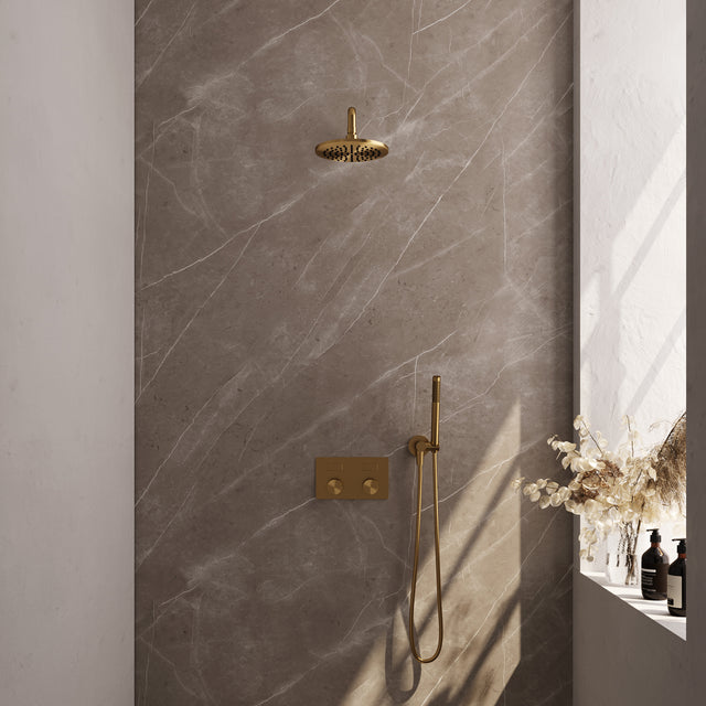 BRAUER Gold Carving thermostatische inbouw regendouche met drukknoppen SET 51 met 20 cm douchekop en gebogen muurarm en staaf handdouche en doucheslang en wandaansluitbocht goud geborsteld PVD