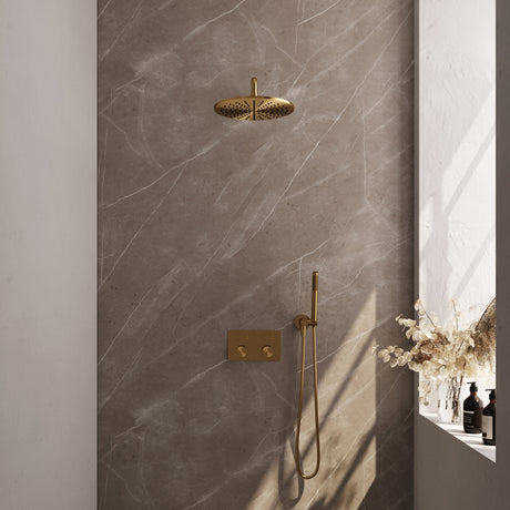 BRAUER Gold Carving thermostatische inbouw regendouche met drukknoppen SET 52 met 30 cm douchekop en gebogen muurarm en staaf handdouche en doucheslang en wandaansluitbocht goud geborsteld PVD