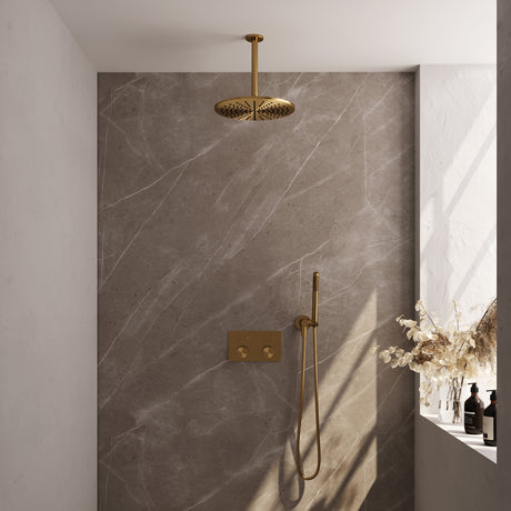 BRAUER Gold Carving thermostatische inbouw regendouche met drukknoppen SET 54 met 30 cm douchekop en plafondarm en staaf handdouche en doucheslang en wandaansluitbocht goud geborsteld PVD