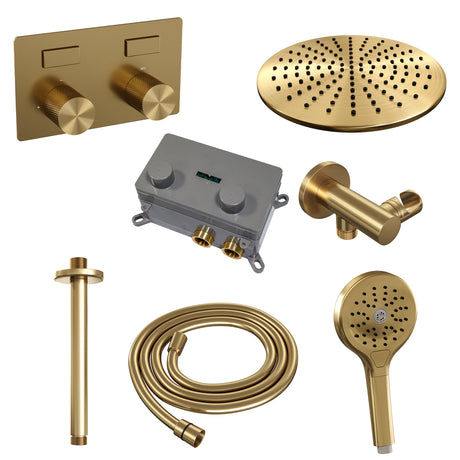BRAUER Gold Carving thermostatische inbouw regendouche met drukknoppen SET 60 met 30 cm douchekop en plafondarm en 3-standen handdouche en doucheslang en wandaansluitbocht goud geborsteld PVD