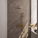 BRAUER Gold Carving thermostatische inbouw regendouche met drukknoppen SET 61 met 20 cm douchekop en rechte muurarm en staaf handdouche en doucheslang en geïntegreerde glijstang goud geborsteld PVD
