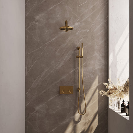 BRAUER Gold Carving thermostatische inbouw regendouche met drukknoppen SET 61 met 20 cm douchekop en rechte muurarm en staaf handdouche en doucheslang en geïntegreerde glijstang goud geborsteld PVD