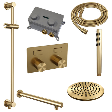 BRAUER Gold Carving thermostatische inbouw regendouche met drukknoppen SET 61 met 20 cm douchekop en rechte muurarm en staaf handdouche en doucheslang en geïntegreerde glijstang goud geborsteld PVD