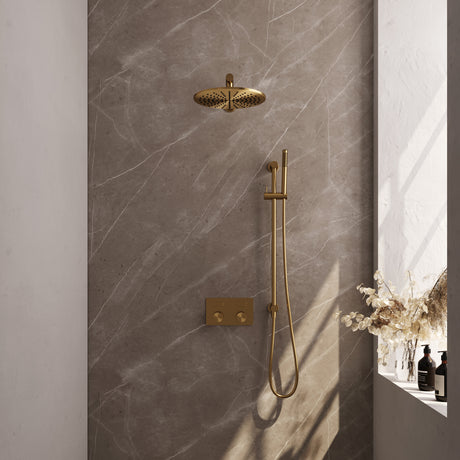 BRAUER Gold Carving thermostatische inbouw regendouche met drukknoppen SET 62 met 30 cm douchekop en rechte muurarm en staaf handdouche en doucheslang en geïntegreerde glijstang goud geborsteld PVD