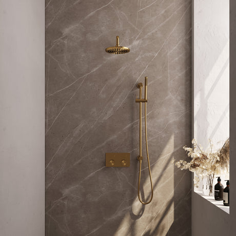 BRAUER Gold Carving thermostatische inbouw regendouche met drukknoppen SET 63 met 20 cm douchekop en gebogen muurarm en staaf handdouche en doucheslang en geïntegreerde glijstang goud geborsteld PVD