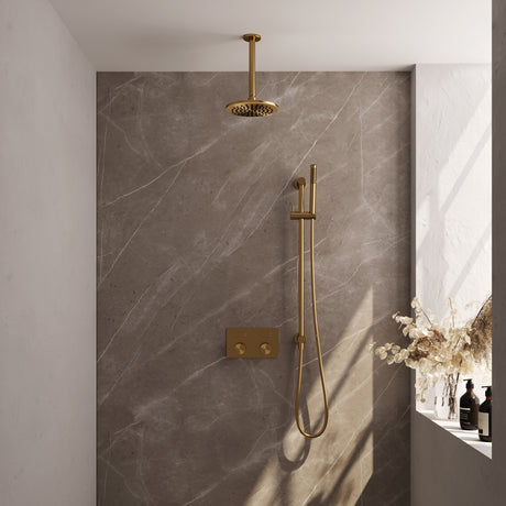 BRAUER Gold Carving thermostatische inbouw regendouche met drukknoppen SET 65 met 20 cm douchekop en plafondarm en staaf handdouche en doucheslang en geïntegreerde glijstang goud geborsteld PVD